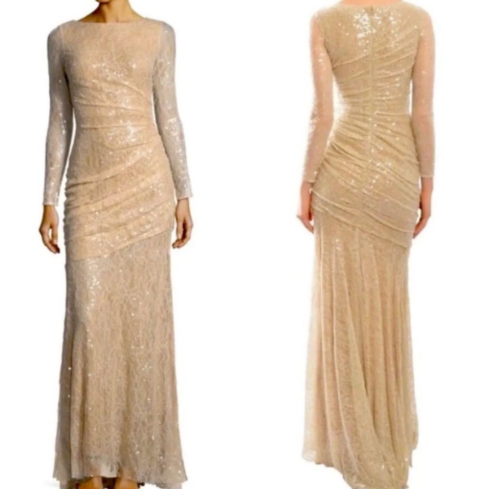 NEW WITH TAGS CARMEN MARC VALCO long sleeve lace sequin nude dress size 10
